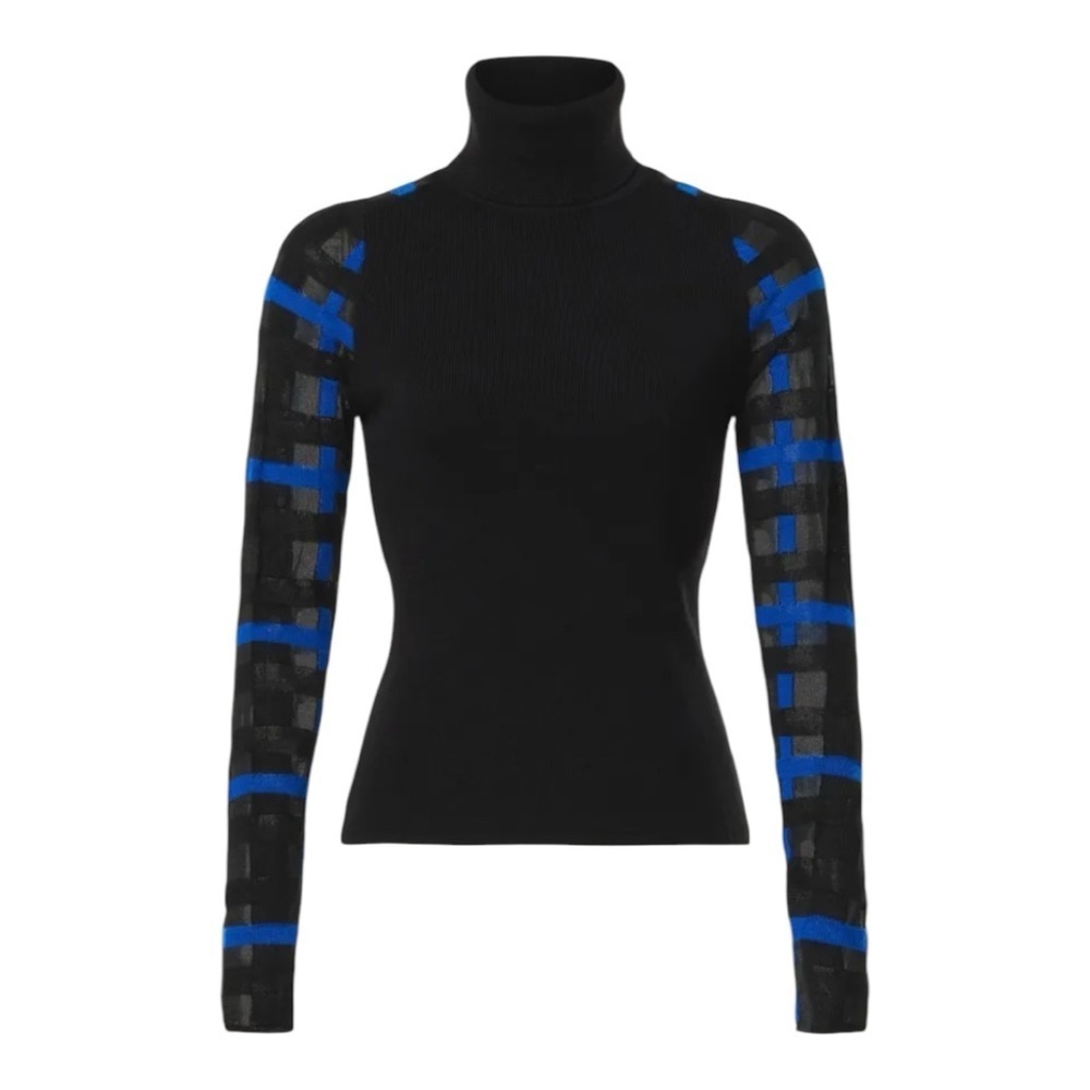 Esteban Cortazar Collective Turtleneck Sweater Windowpane Sleeves Black & Blue L